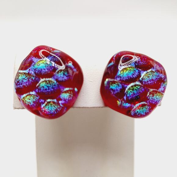Artisan Iridescent Red Dichroic Glass Clip On Earrings Handmade Vintage Style - Picture 1 of 9